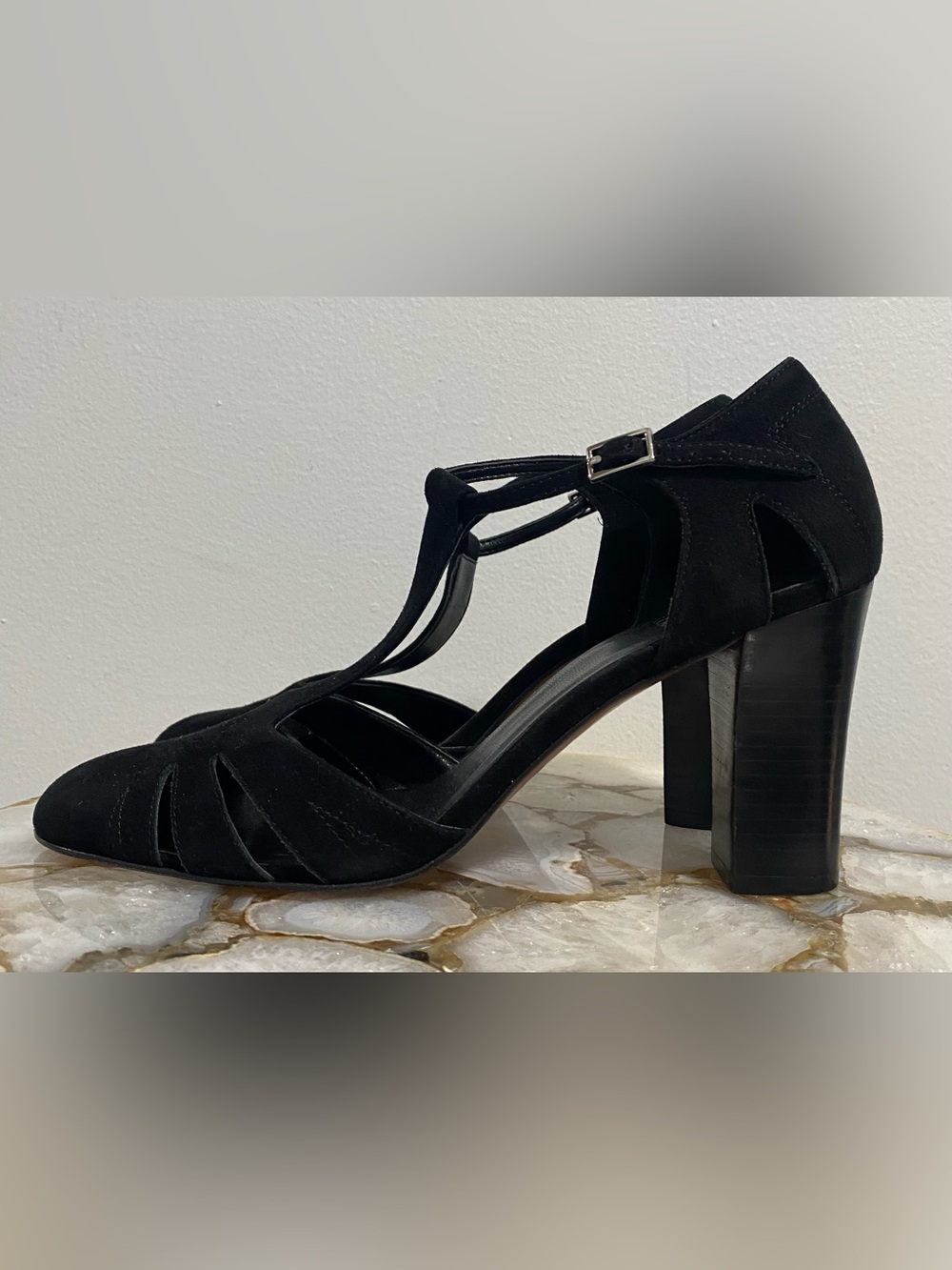 Black Suede T-Strap Block Heel Sandal